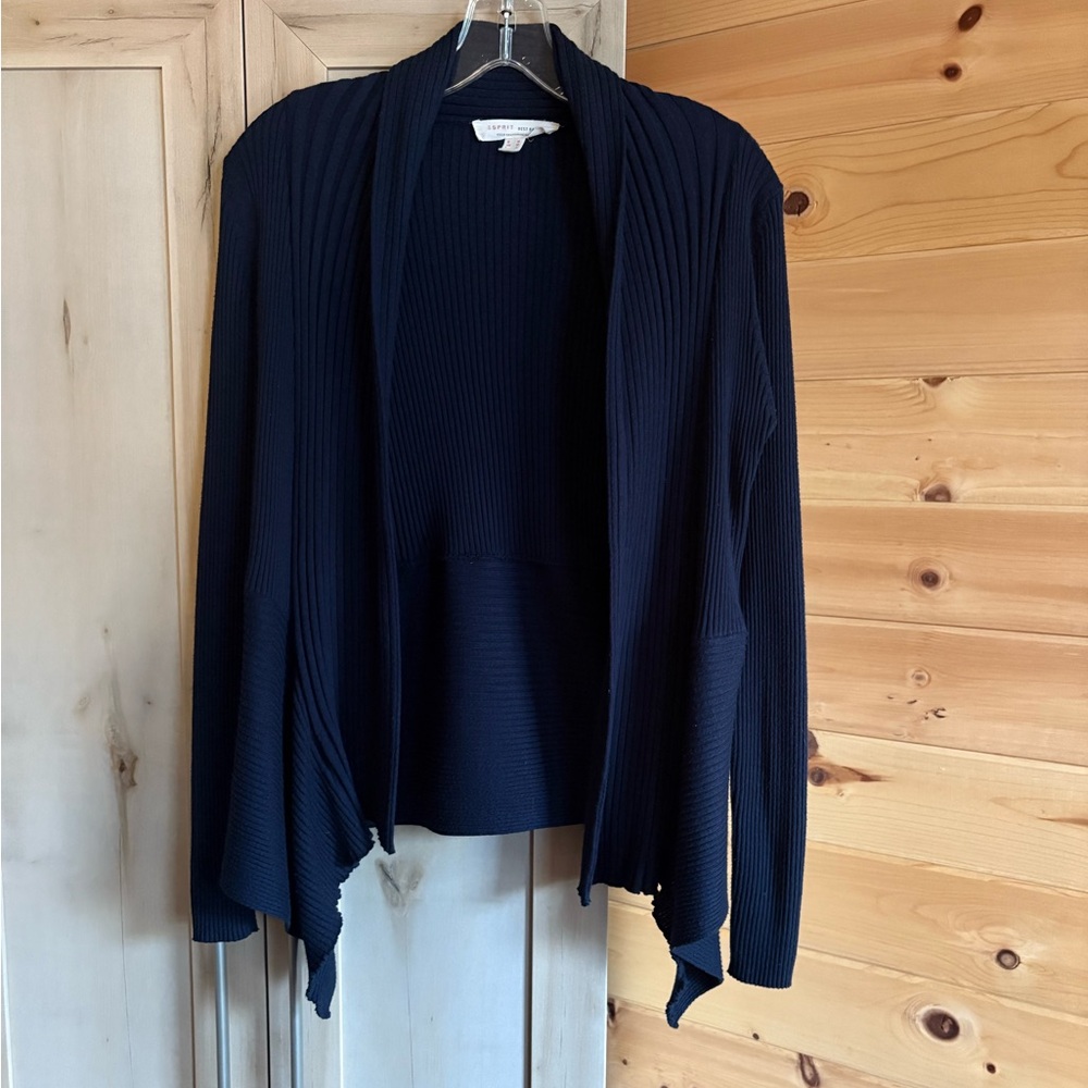 Ribbed Asymmetrical Navy Blue Cardigan, Waterfall Open Front, Sz M, GUC